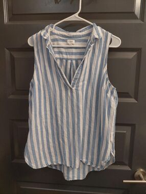 J. Crew Blue and White Vertical Stripe Sleeveless V-Neck Top Sz L